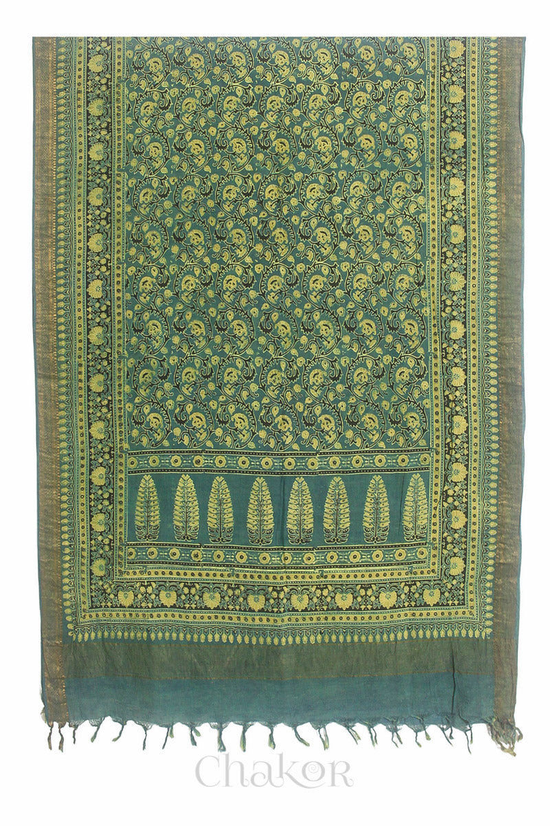 Natural Dyed Green Traditional Ajrakh Mangalgiri Cotton Dupatta with tassels from Chakor.