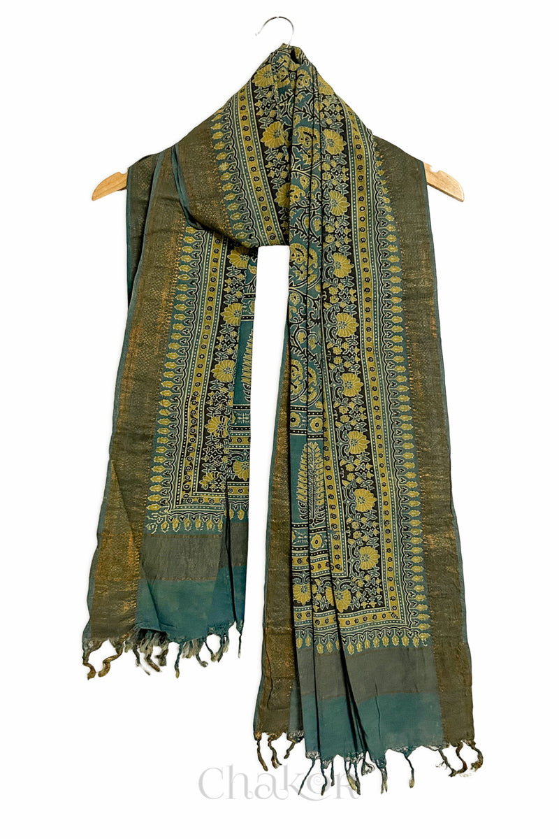 Natural Dyed Green Traditional Ajrakh Mangalgiri Cotton Dupatta with tassels from Chakor.