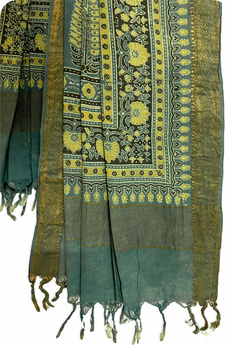 Natural Dyed Green Traditional Ajrakh Mangalgiri Cotton Dupatta with tassels from Chakor.