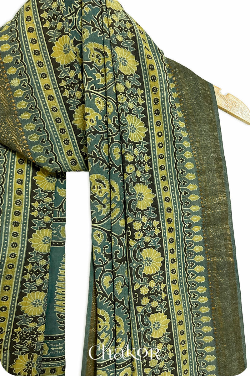 Natural Dyed Green Traditional Ajrakh Mangalgiri Cotton Dupatta with tassels from Chakor.