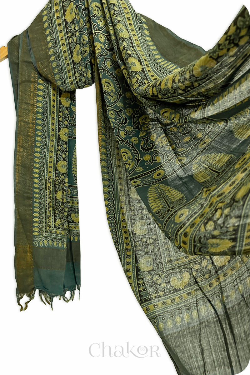 Natural Dyed Green Traditional Ajrakh Mangalgiri Cotton Dupatta with tassels from Chakor.