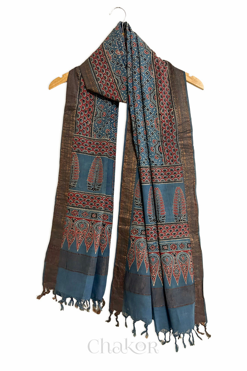 Natural Dyed Indigo Red Traditional Ajrakh Mangalgiri Cotton Dupatta with tassels from Chakor.