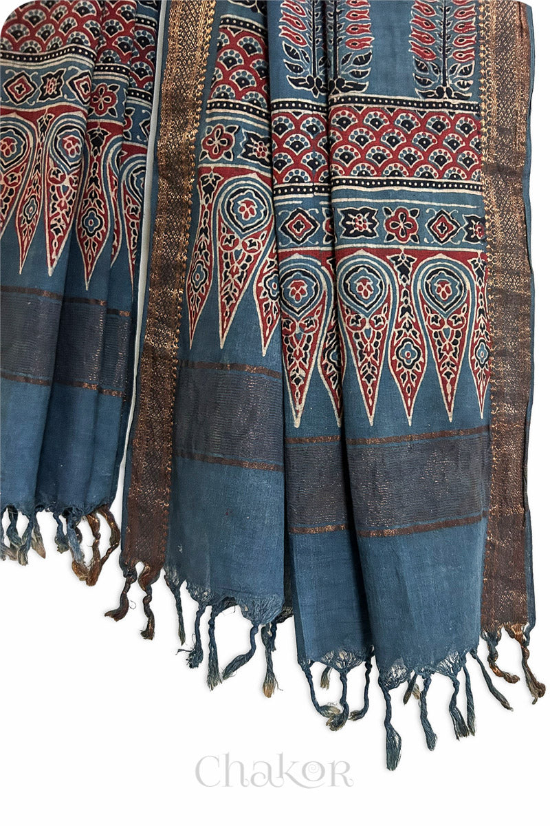 Natural Dyed Indigo Red Traditional Ajrakh Mangalgiri Cotton Dupatta with tassels from Chakor.