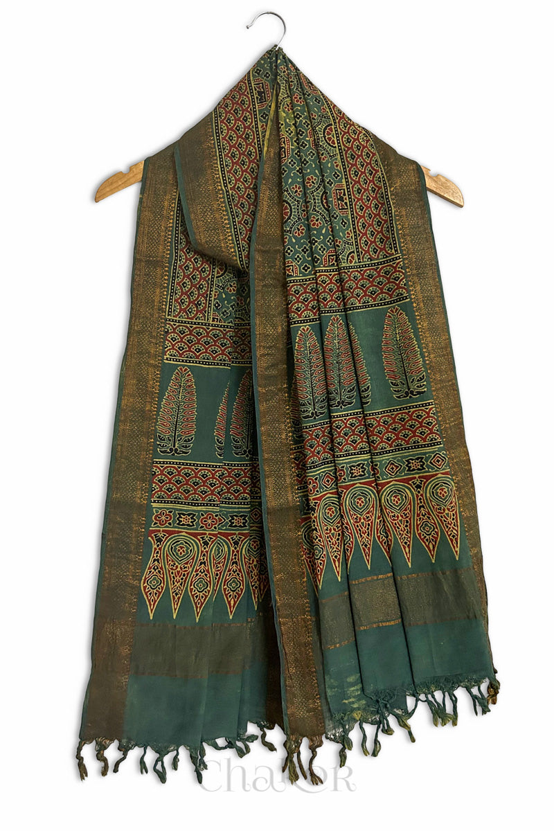 Natural Dyed Green Traditional Ajrakh Mangalgiri Cotton Dupatta with tassels by Chakor.