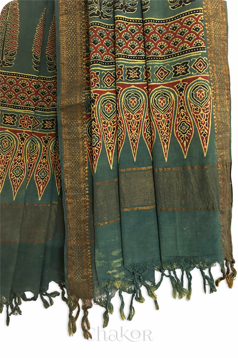 Natural Dyed Green Traditional Ajrakh Mangalgiri Cotton Dupatta with tassels by Chakor.