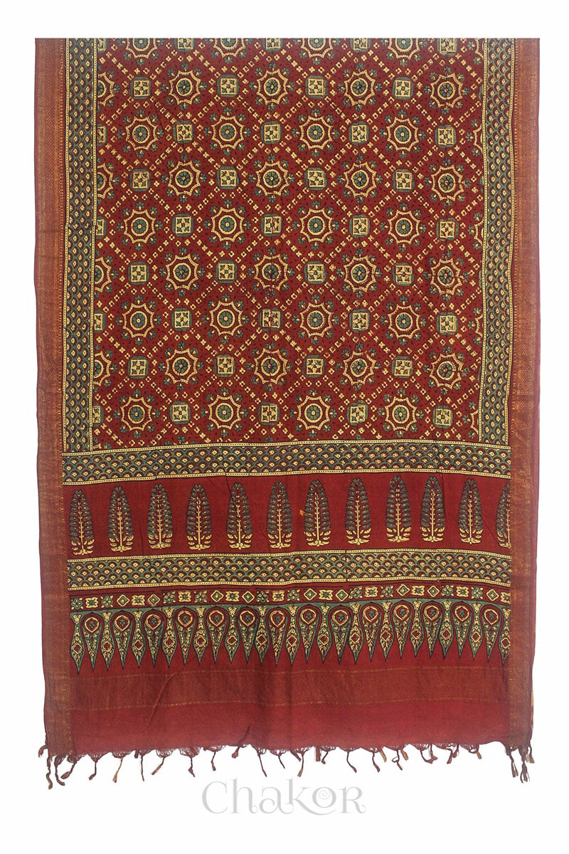 Natural Dyed Red Traditional Ajrakh Mangalgiri Cotton Dupatta with tassels from Chakor.