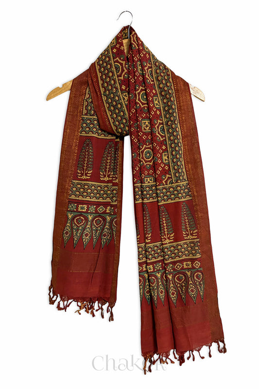 Natural Dyed Red Traditional Ajrakh Mangalgiri Cotton Dupatta with tassels from Chakor.