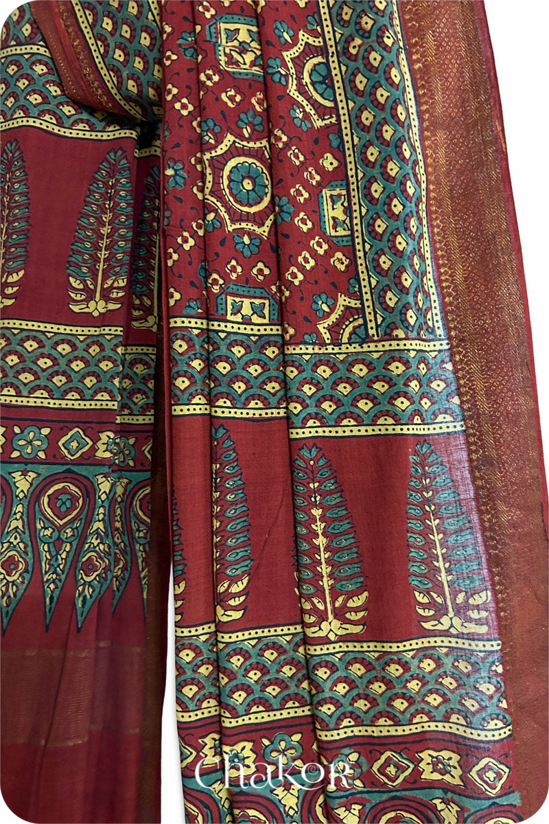 Natural Dyed Red Traditional Ajrakh Mangalgiri Cotton Dupatta with tassels from Chakor.