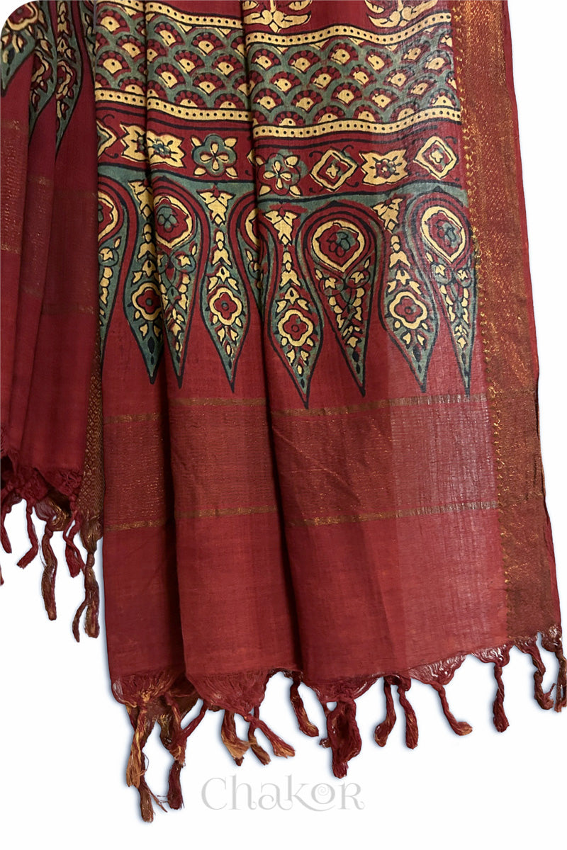 Natural Dyed Red Traditional Ajrakh Mangalgiri Cotton Dupatta with tassels from Chakor.