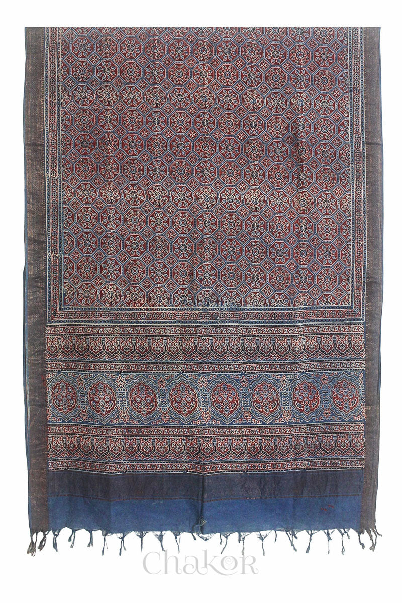 Natural Dyed Indigo Red Traditional Ajrakh Mangalgiri Cotton Dupatta with tassels from Chakor.