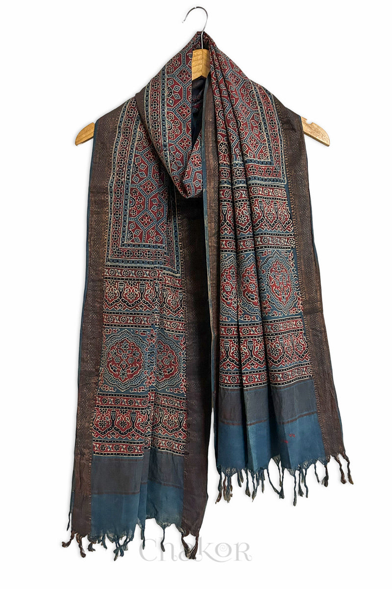 Natural Dyed Indigo Red Traditional Ajrakh Mangalgiri Cotton Dupatta with tassels from Chakor.