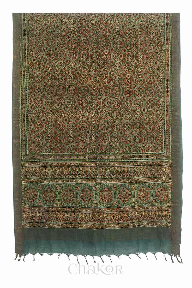 Natural Dyed Green Traditional Ajrakh Mangalgiri Cotton Dupatta with tassels from Chakor.