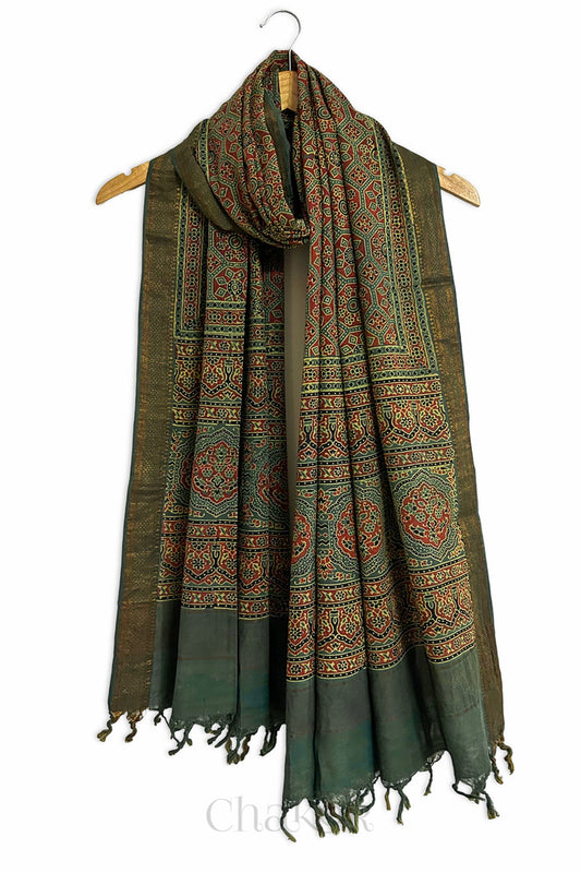 Natural Dyed Green Traditional Ajrakh Mangalgiri Cotton Dupatta with tassels from Chakor.