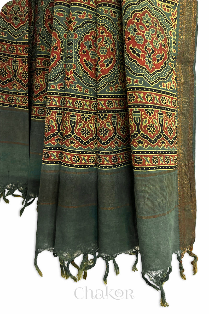 Natural Dyed Green Traditional Ajrakh Mangalgiri Cotton Dupatta with tassels from Chakor.