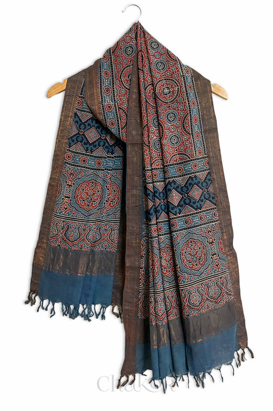 Natural Dyed Indigo Red Traditional Ajrakh Mangalgiri Cotton Dupatta with tassels by Chakor.