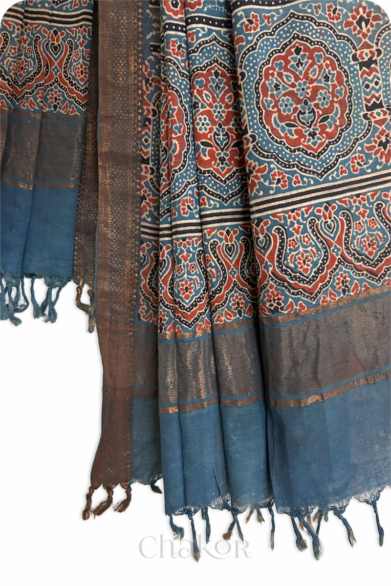 Natural Dyed Indigo Red Traditional Ajrakh Mangalgiri Cotton Dupatta with tassels by Chakor.