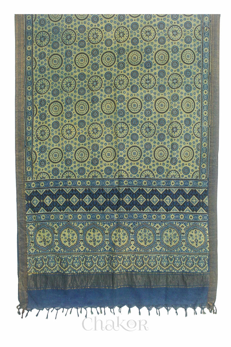 Natural Dyed Indigo Mustard Traditional Ajrakh Mangalgiri Cotton Dupatta with tassels by Chakor.