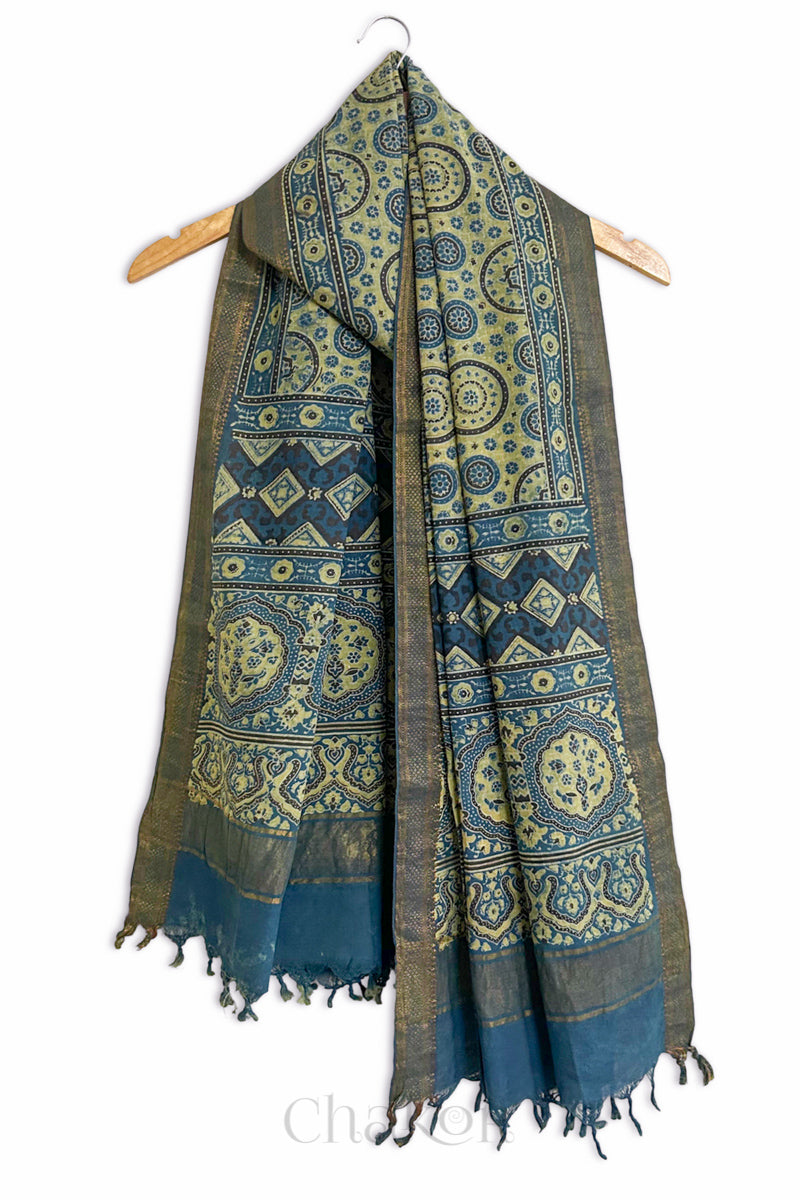 Natural Dyed Indigo Mustard Traditional Ajrakh Mangalgiri Cotton Dupatta with tassels by Chakor.