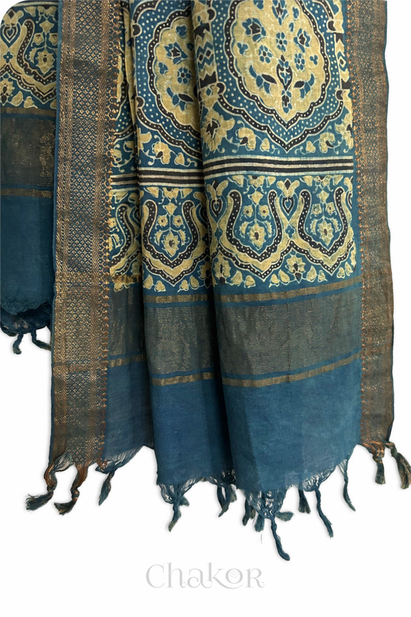 Natural Dyed Indigo Mustard Traditional Ajrakh Mangalgiri Cotton Dupatta with tassels by Chakor.