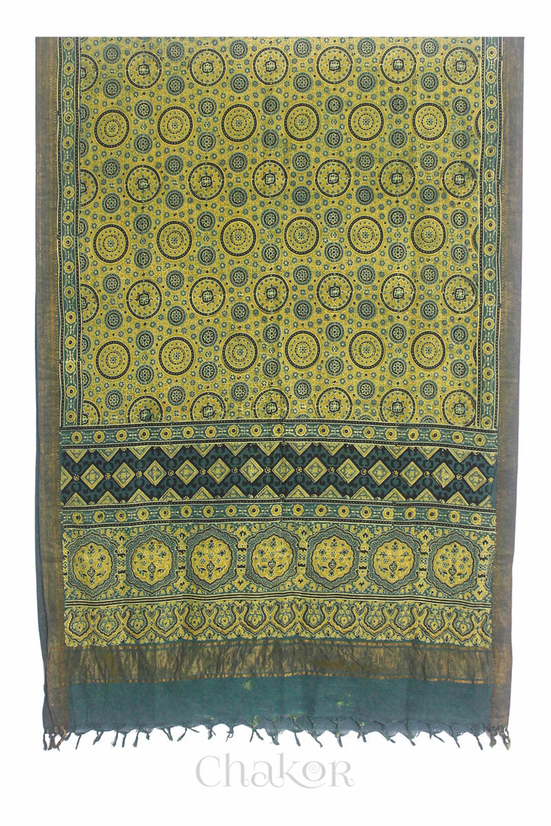 Natural Dyed Green Traditional Ajrakh Mangalgiri Cotton Dupatta with tassels by Chakor.