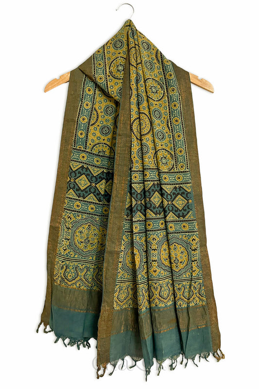 Natural Dyed Green Traditional Ajrakh Mangalgiri Cotton Dupatta with tassels by Chakor.