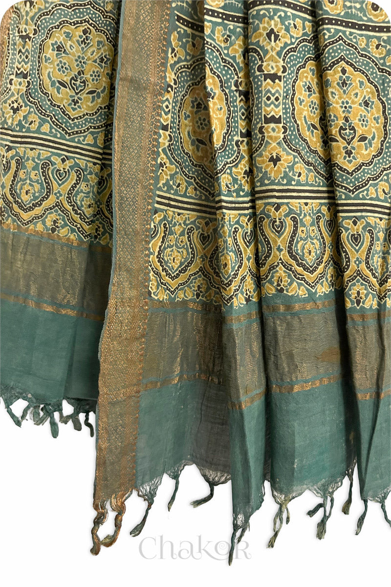 Natural Dyed Green Traditional Ajrakh Mangalgiri Cotton Dupatta with tassels by Chakor.