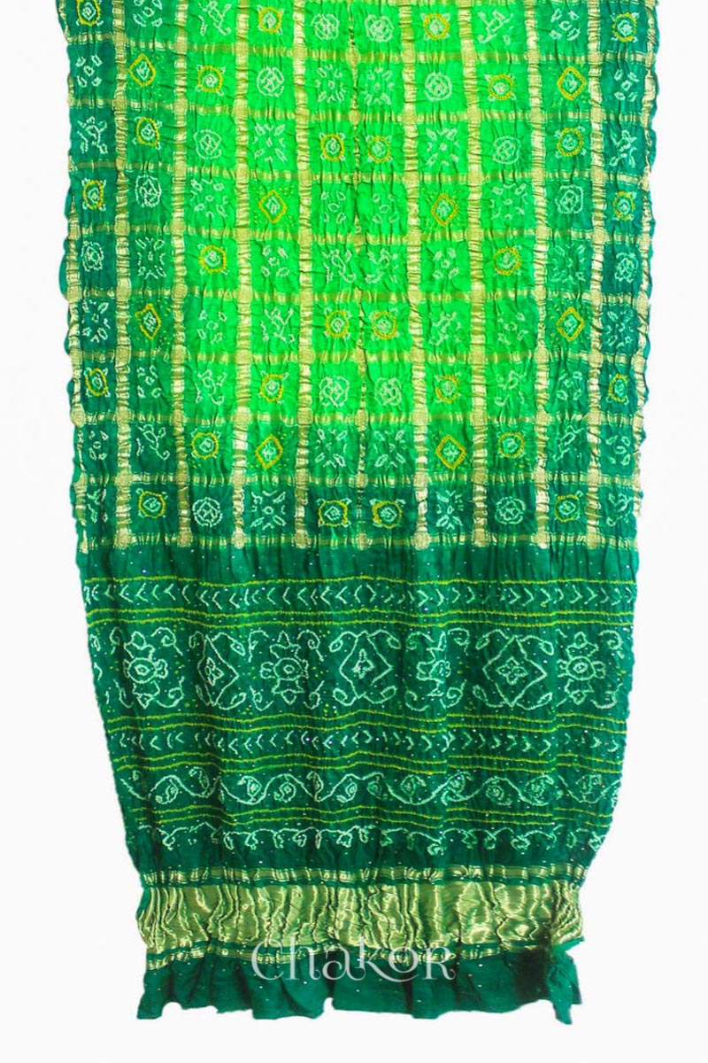 Parrot Green Bandhani Gaji Silk Gharchola Saree