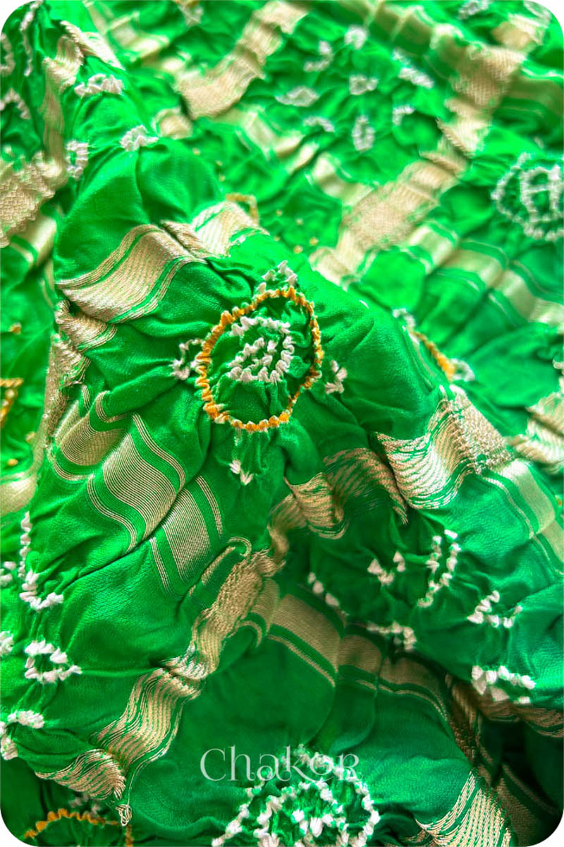 Parrot Green Bandhani Gaji Silk Gharchola Saree