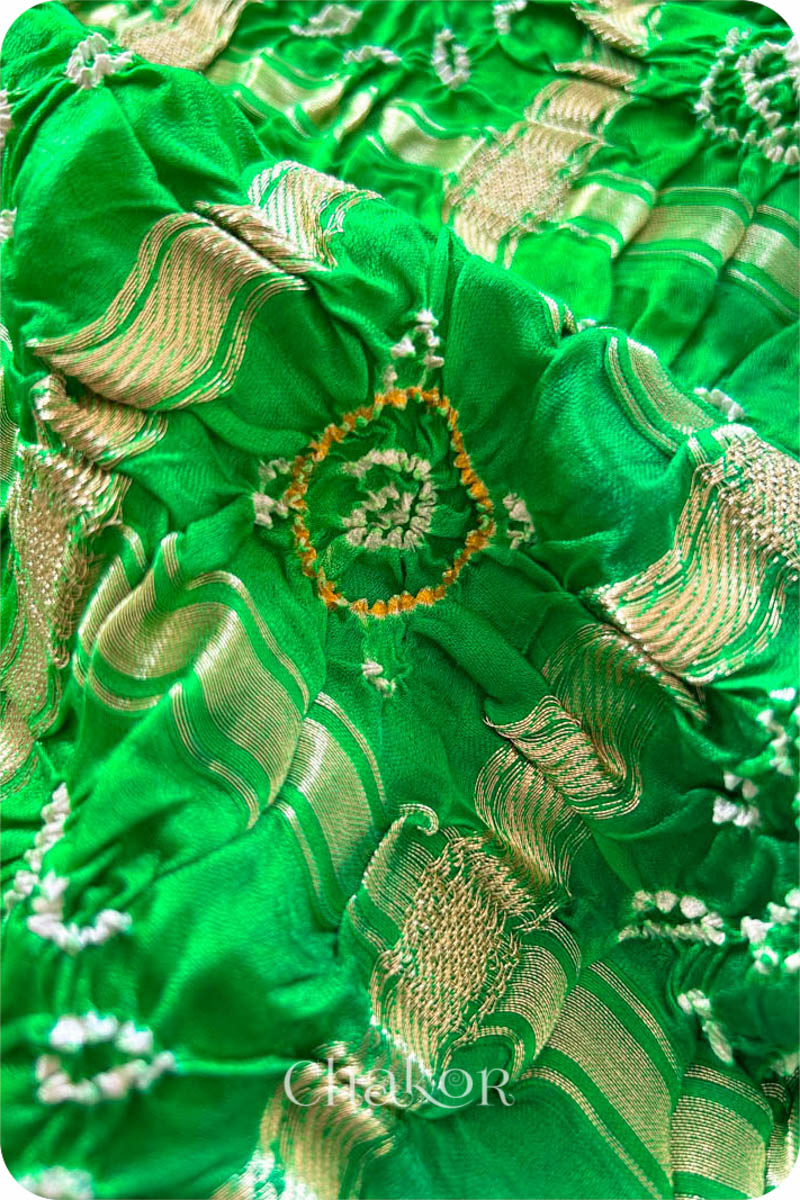 Parrot Green Bandhani Gaji Silk Gharchola Saree