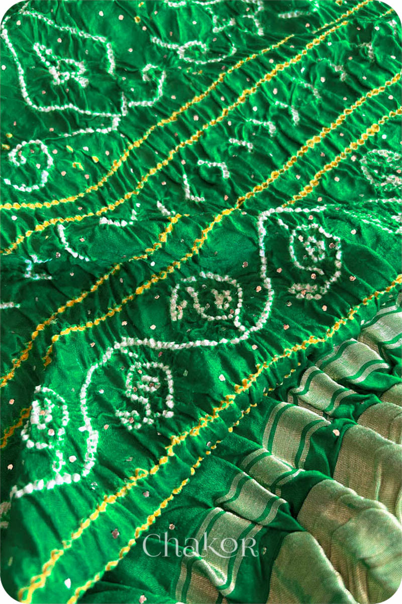 Parrot Green Bandhani Gaji Silk Gharchola Saree