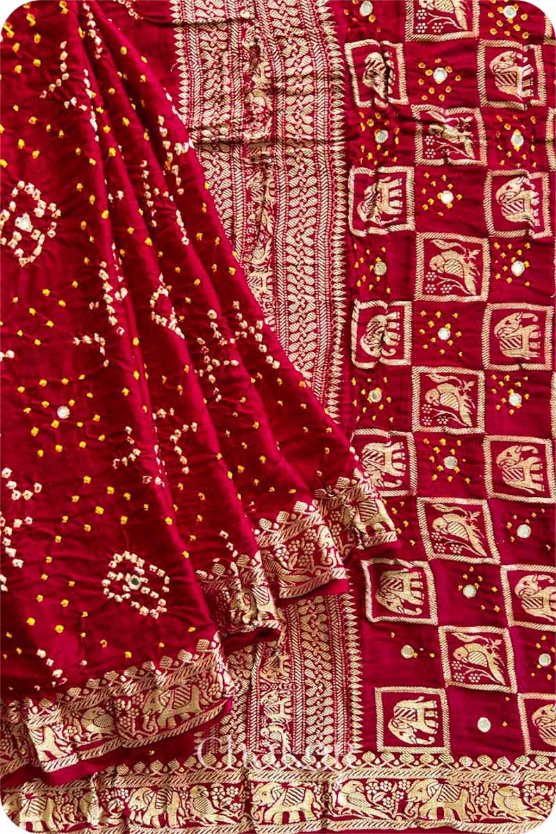 Red Bandhani Gaji Silk Saree