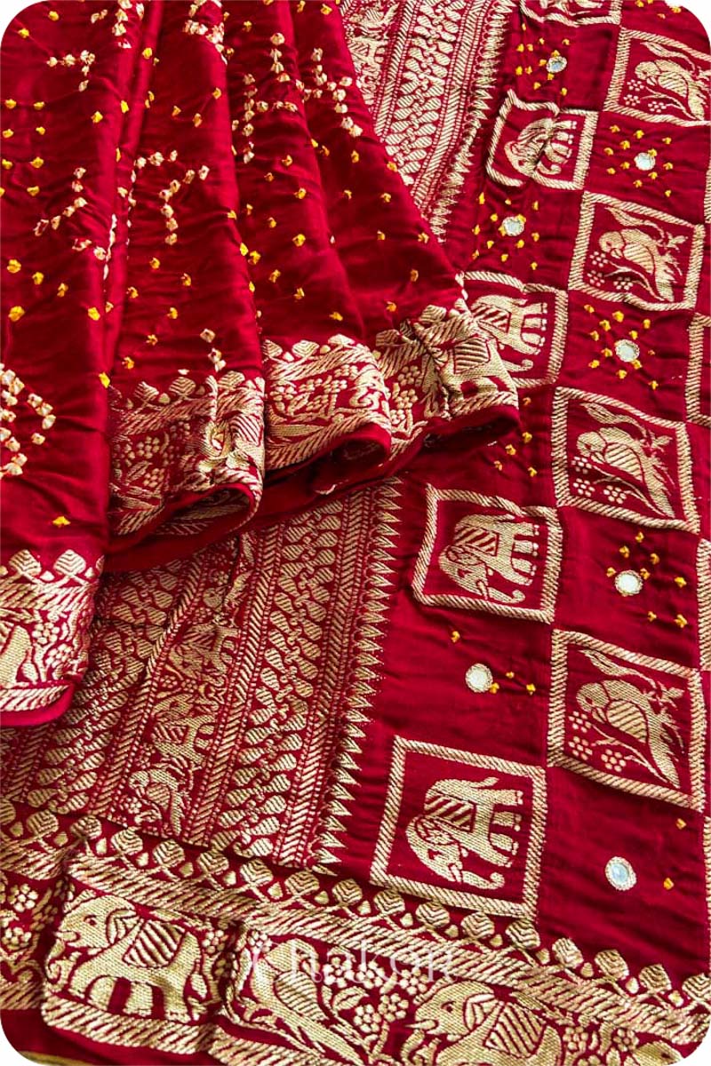 Red Bandhani Gaji Silk Saree