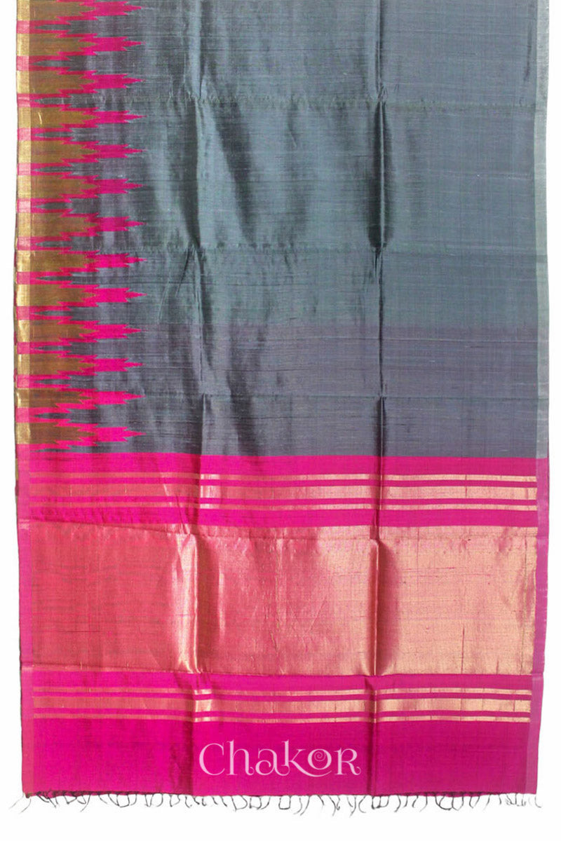 Grey Pink Tussar Raw Silk Saree