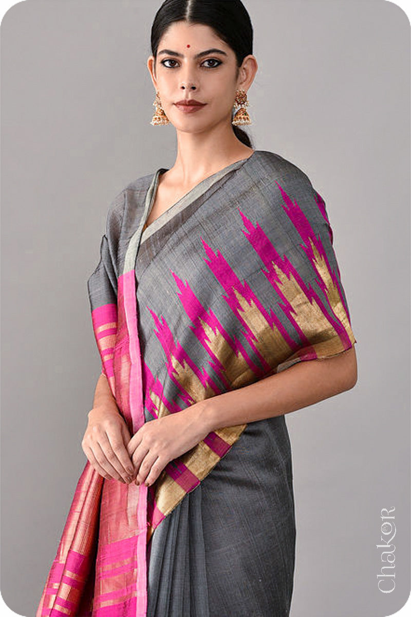 Grey Pink Tussar Raw Silk Saree