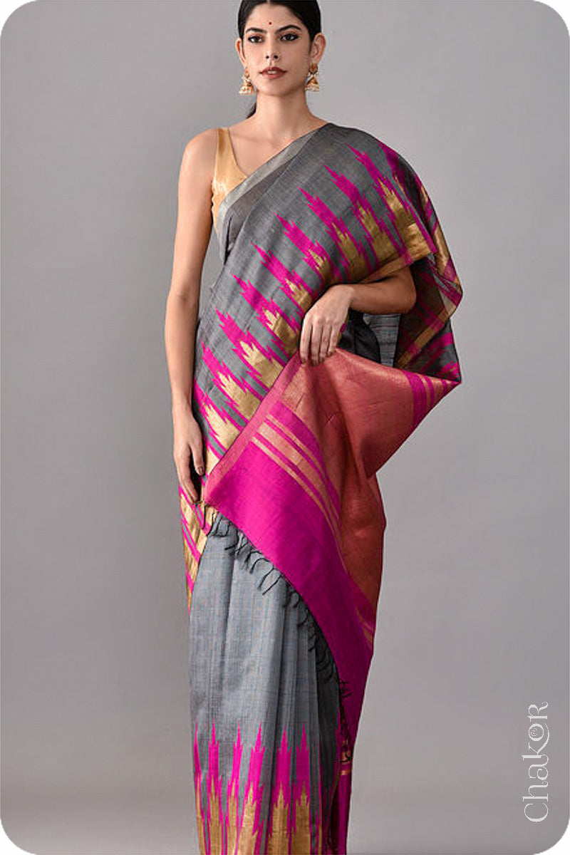 Grey Pink Tussar Raw Silk Saree