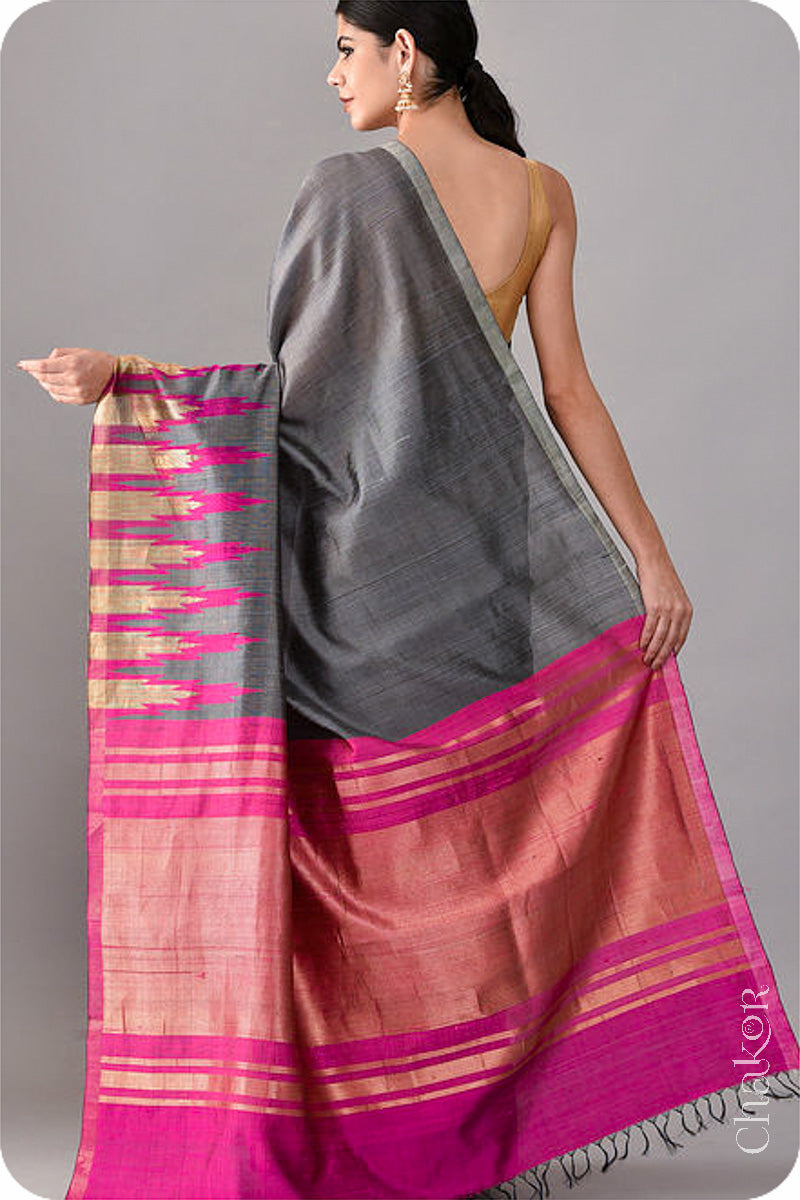 Grey Pink Tussar Raw Silk Saree