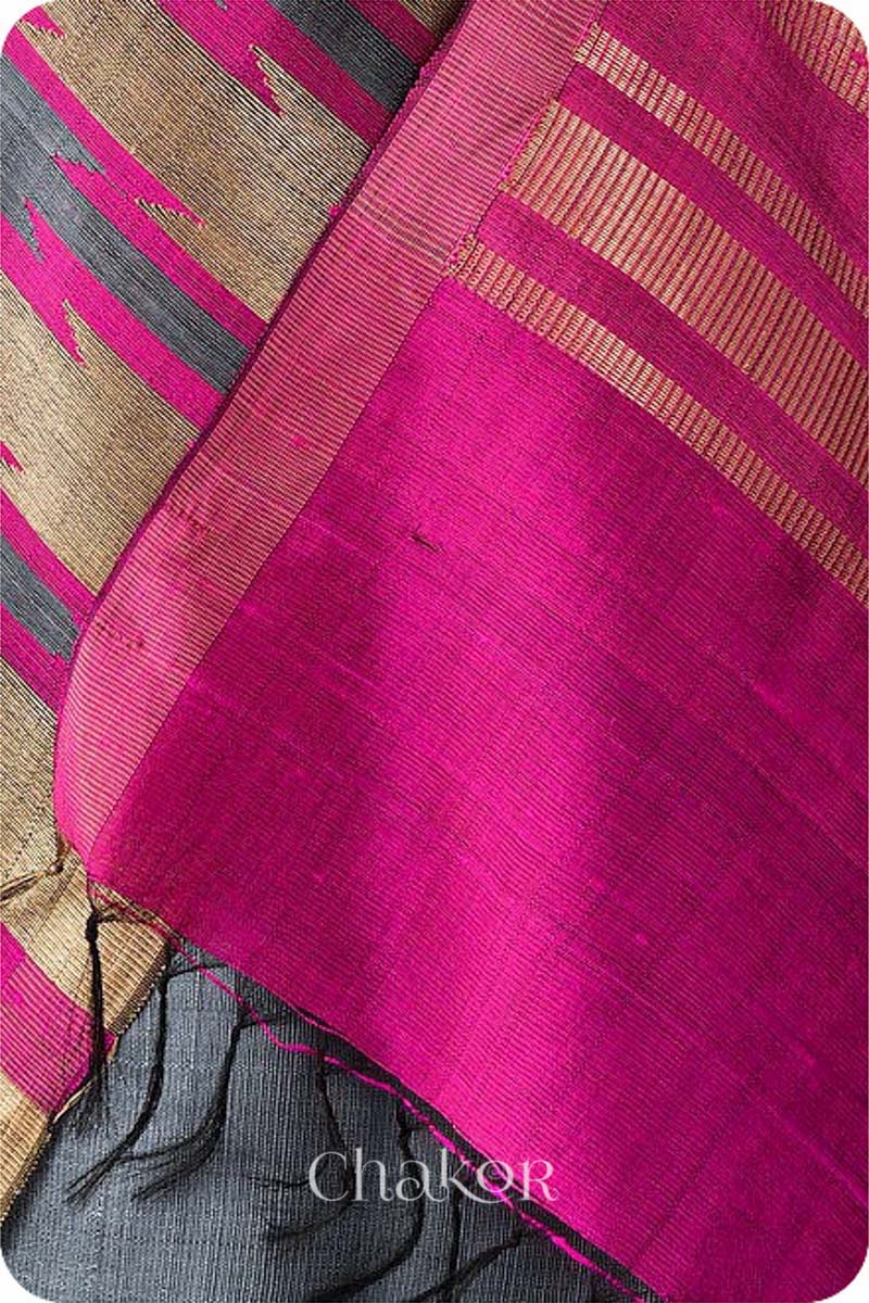 Grey Pink Tussar Raw Silk Saree