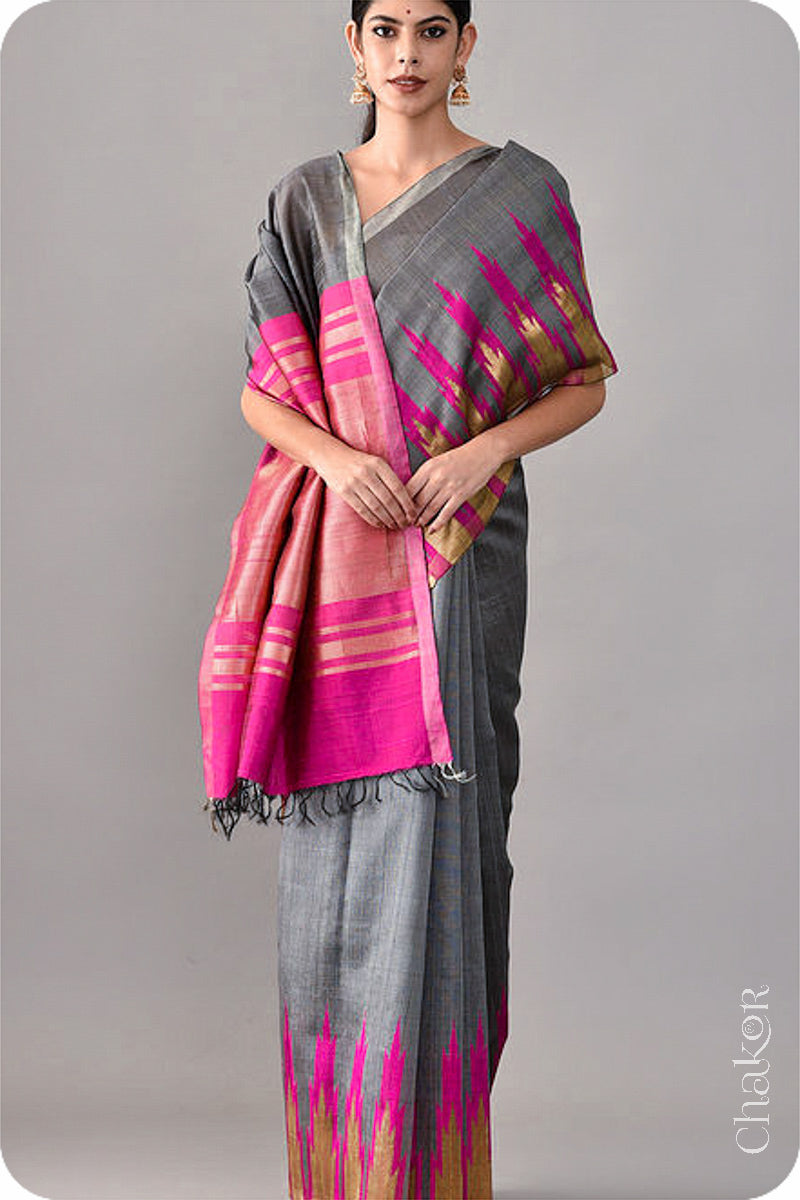 Grey Pink Tussar Raw Silk Saree