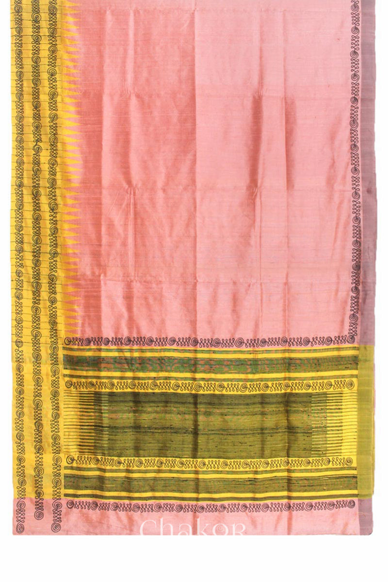 Peach Yellow Raw Tussar silk handloom saree with Yellow border and detailed with aari embroidery.