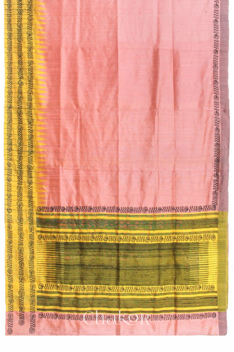 Peach Yellow Tussar Raw Silk Saree