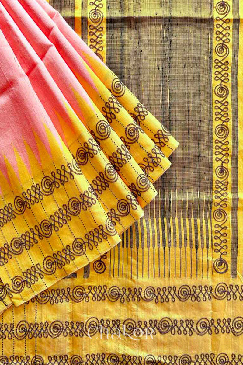 Close up of Peach Yellow Raw Tussar silk handloom saree with Yellow border and detailed with aari embroidery