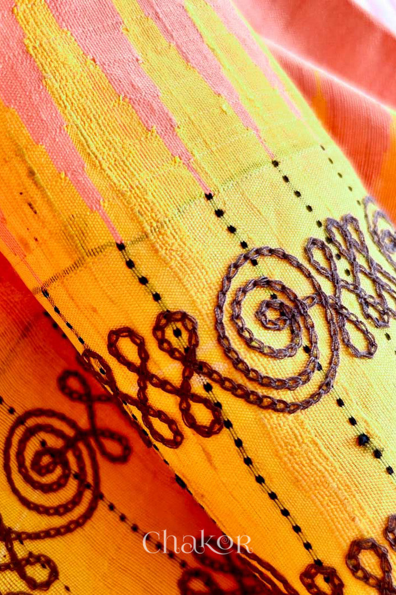 Close up of Peach Yellow Raw Tussar silk handloom saree with Yellow border and detailed with aari embroidery