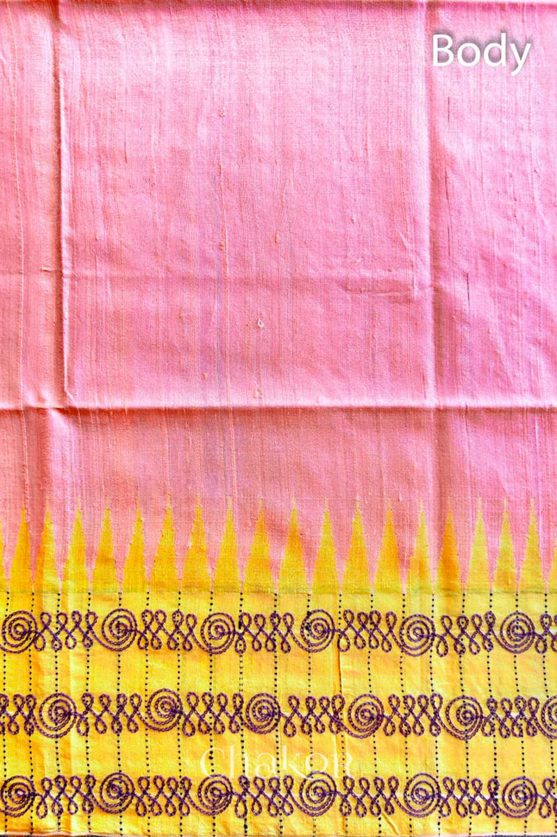 Close up of Peach Yellow Raw Tussar silk handloom saree with Yellow border and detailed with aari embroidery
