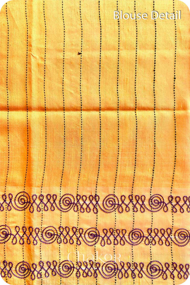 Peach Yellow Tussar Raw Silk Saree