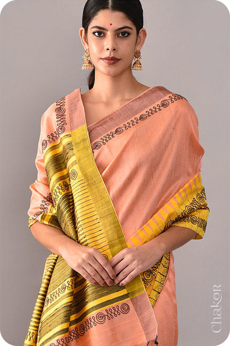 Peach Yellow Tussar Raw Silk Saree