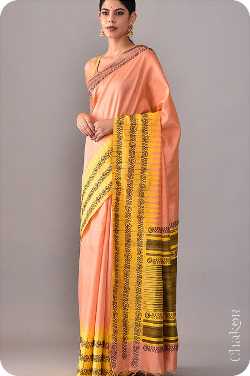 Peach Yellow Tussar Raw Silk Saree