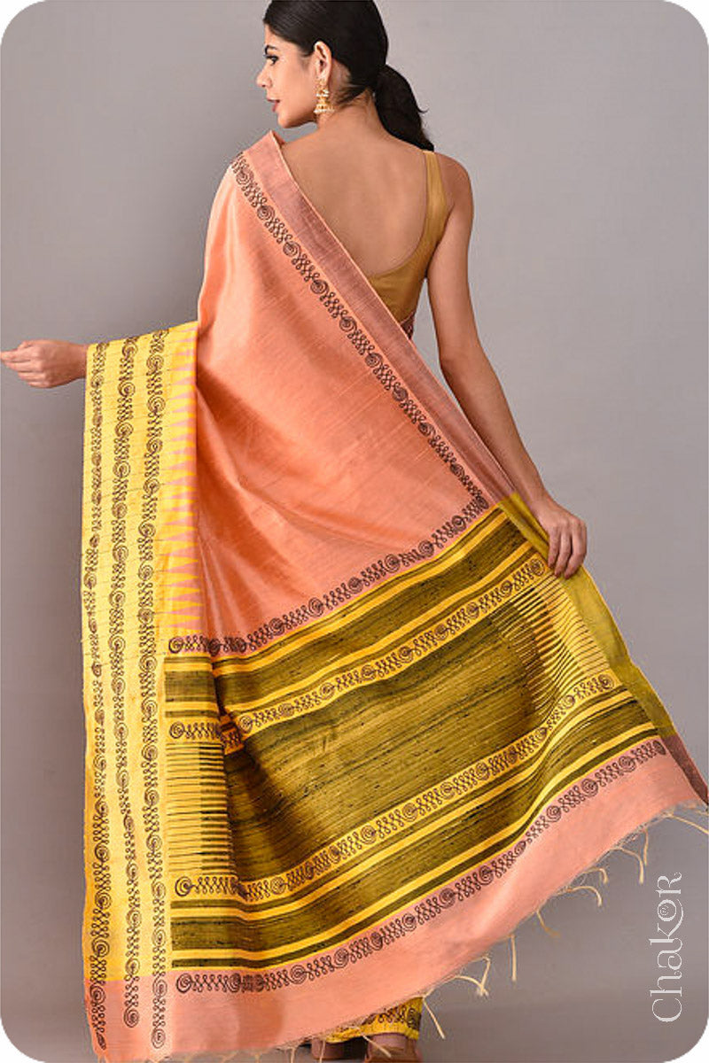 Peach Yellow Tussar Raw Silk Saree