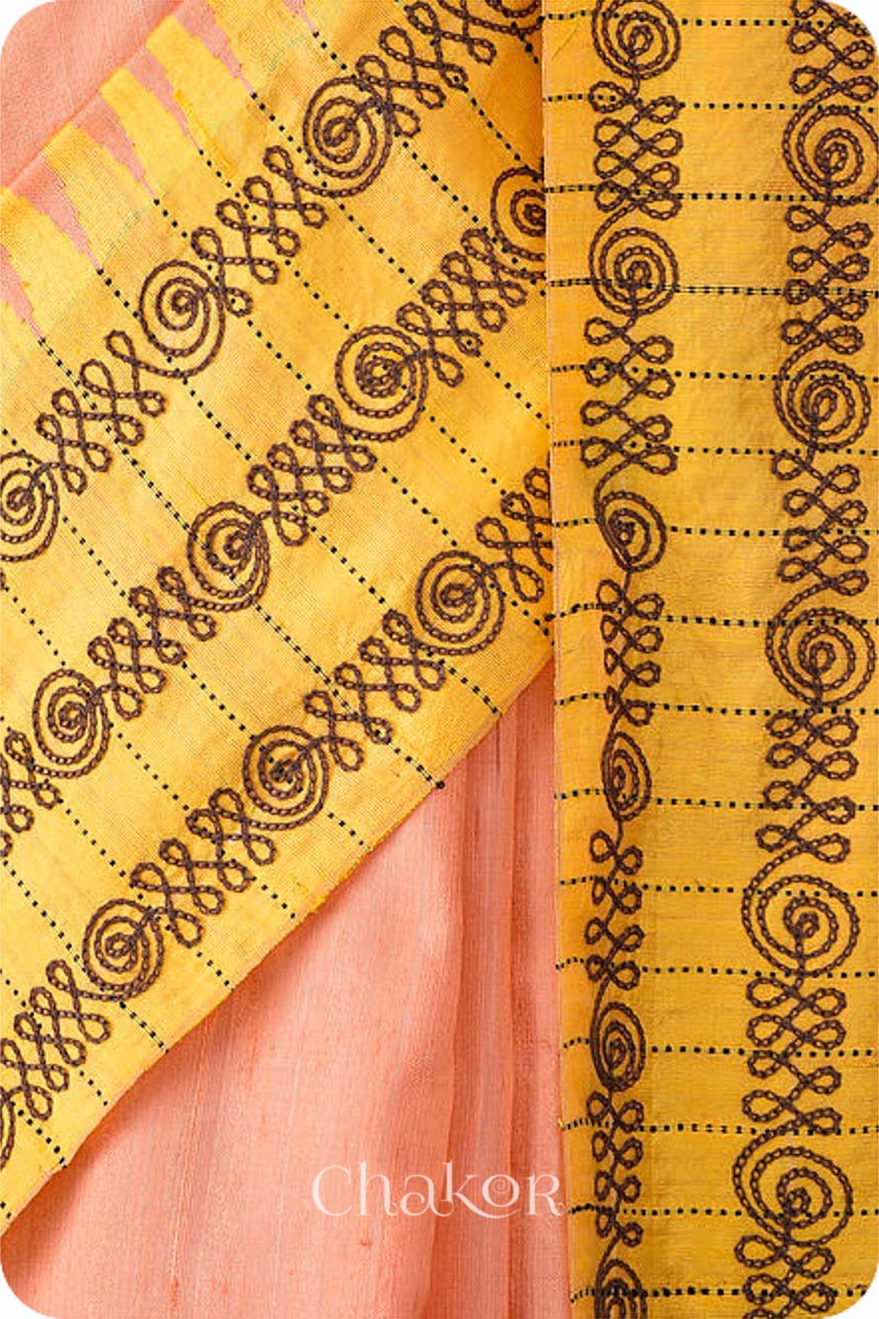 Peach Yellow Tussar Raw Silk Saree