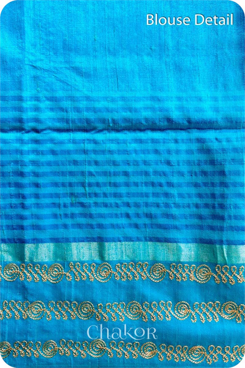 Royal Blue Turquoise Tussar Raw Silk Saree