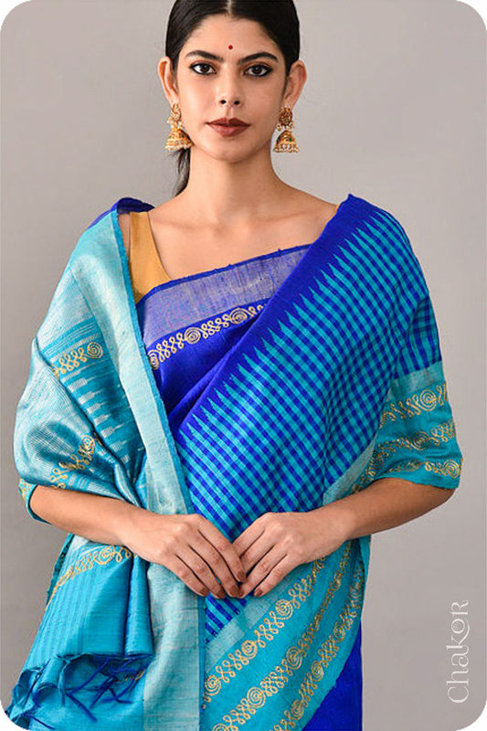Royal Blue Turquoise Tussar Raw Silk Saree